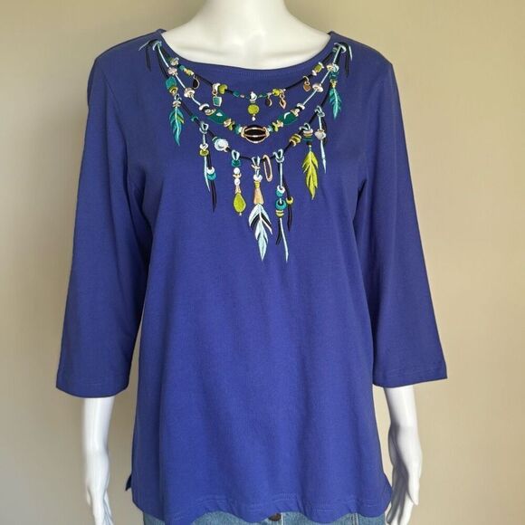 Bob Mackie Embroidered Feathers And Beads Purple Top - Picture 1 of 8